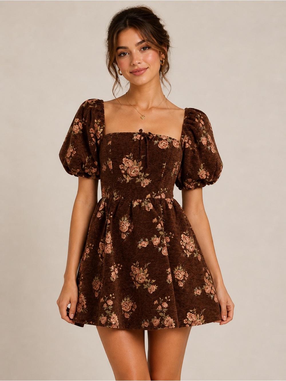 Sofie the Label | Brown Floral Puff Sleeve Square Neck Mini Dress | Sz Small